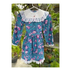 80s Private Party Formal Dress Sz 6x Blue Pink Floral Lace Trim Bib Collar